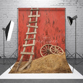 Aperturee - Wooden Ladder Wheel Straw Red Wall Photo Backdrop