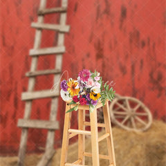 Aperturee - Wooden Ladder Wheel Straw Red Wall Photo Backdrop