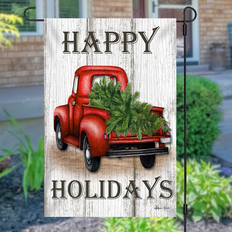 Aperturee - Wooden Red Truck Pine Tree Christmas Garden Flag
