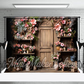 Aperturee - Wooden Vintage Door Shelf Clay Pot Flower Backdrop
