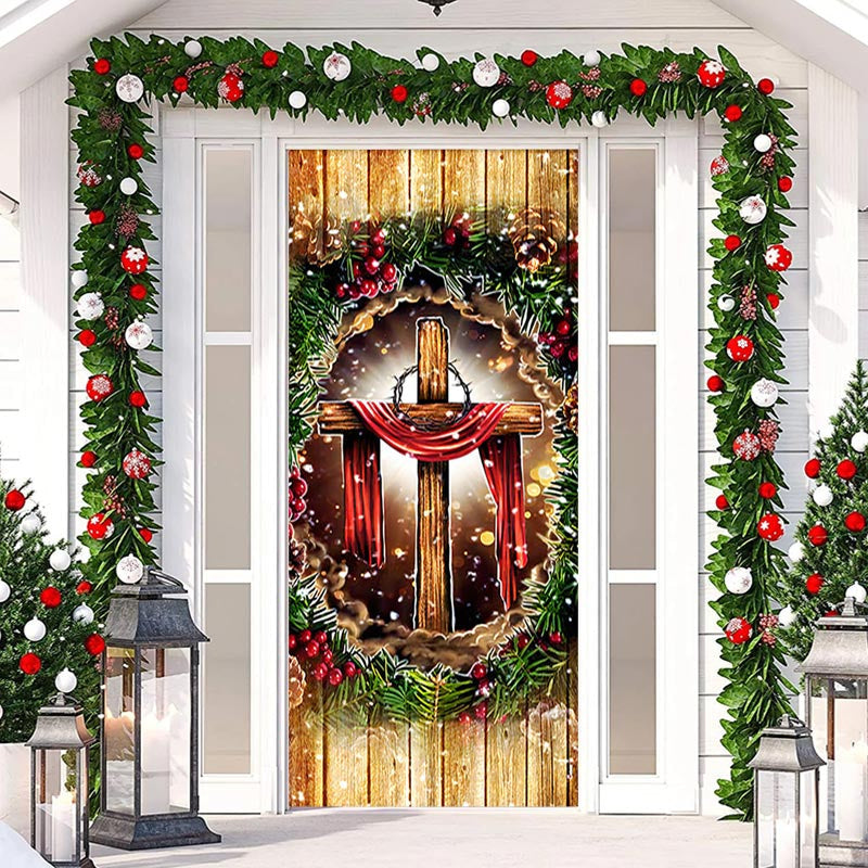 Aperturee - Wooden Wall Cross Green Leaves Christmas Door Cover