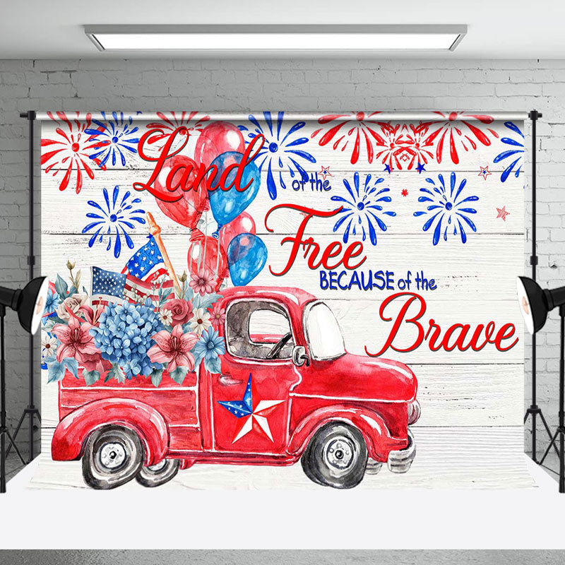 Aperturee - Wooden Wall Red Car Floral Usa Flag Balloon Backdrop