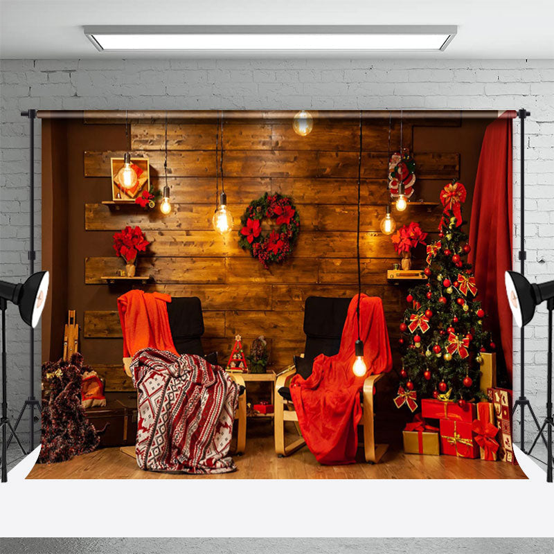 Aperturee - Wooden Wall Warm Light Xmas Tree Christmas Backdrop