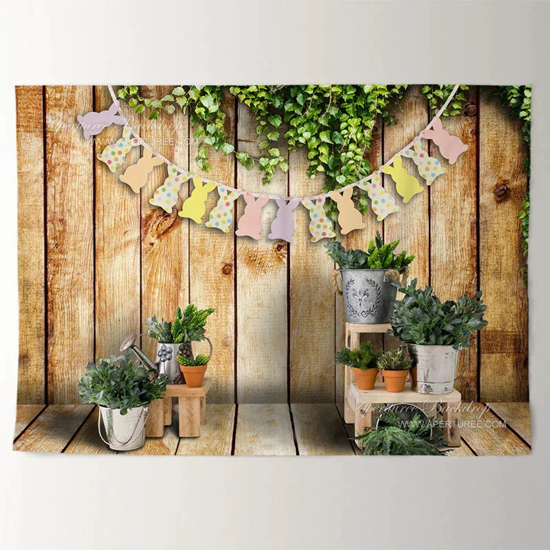 Aperturee - Wooden Yard Rabbit Flag Happy Easter Day Backdrop