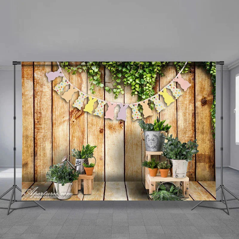 Aperturee - Wooden Yard Rabbit Flag Happy Easter Day Backdrop