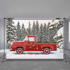 Aperturee - Wreath Red Truck Snowy Forest Christmas Backdrop