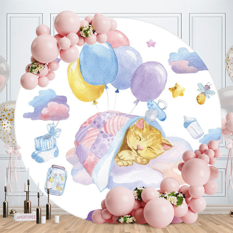 Aperturee - Yellow Cate And Ballon Round Baby Shower Backdrop