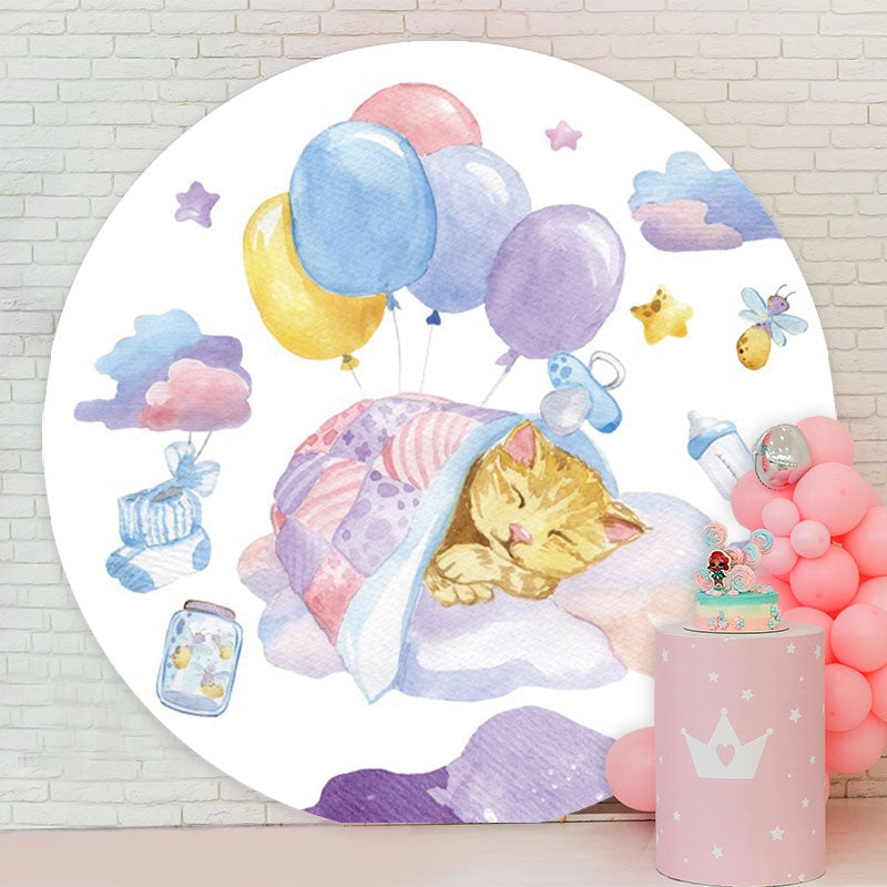 Aperturee - Yellow Cate And Ballon Round Baby Shower Backdrop