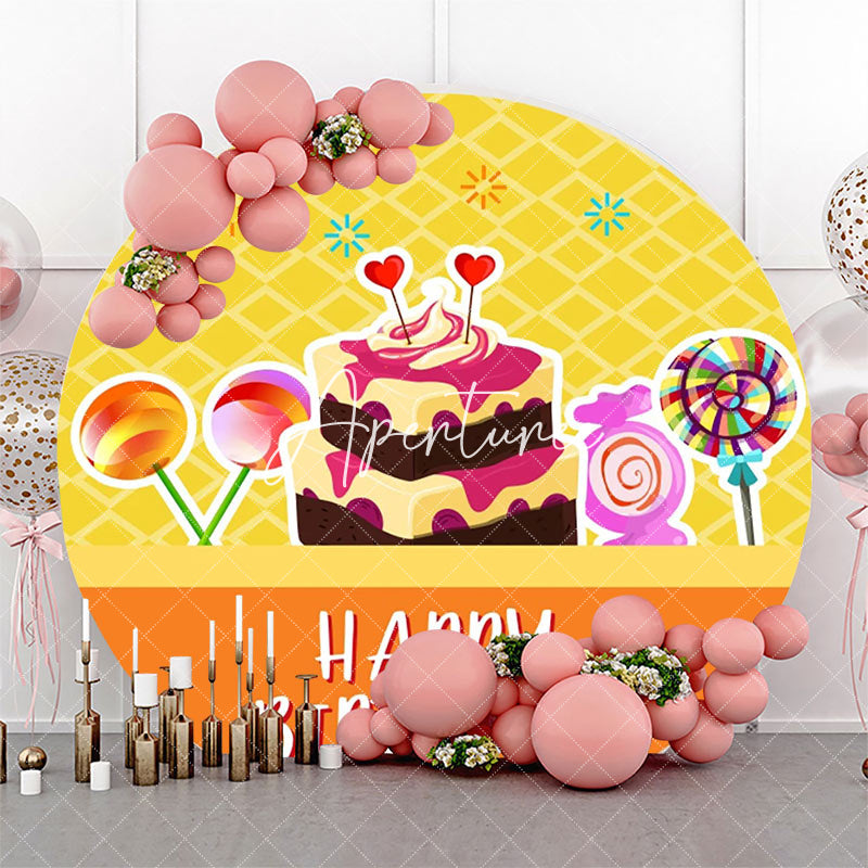 Aperturee - Yellow Orange Candyland Cake Round Birthday Backdrop