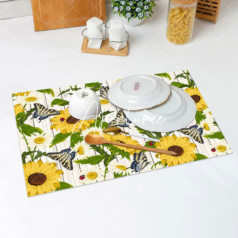 Aperturee - Yellow White Daisy Butterfly Line Set Of 4 Placemats