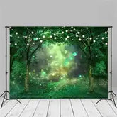 Green enchanted forest backdrop with string lights and glowing stars, suitable for photo shoots or party decorations.