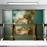 Green marble fireplace with gold accents and ornate detailing.
