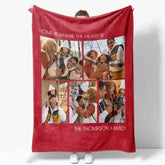 Red fleece blanket with family photos and text design.