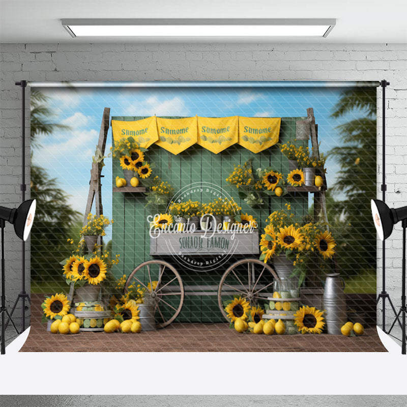 Aperturee - Green Wooden Board Sunflower Lemon Photo Backdrop
