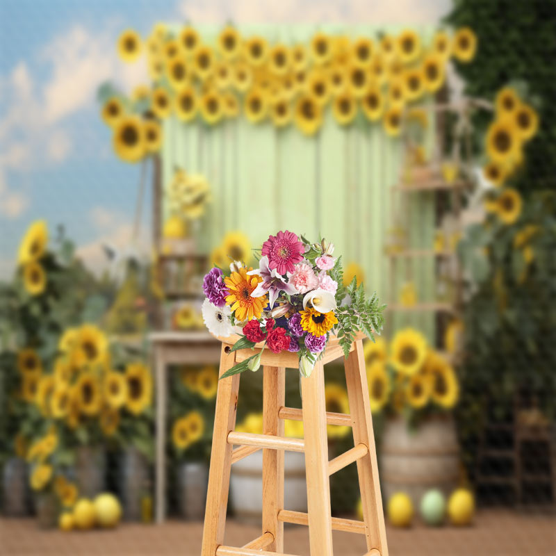 Aperturee - Sunflower Blue Sky Wooden Board Lemon Photo Backdrop
