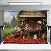 Aperturee - Strawberry Blue Sky Grass Farm Wooden House Backdrop