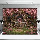 Aperturee - Vintage Wooden Door Pink Flowers Tree Photo Backdrop