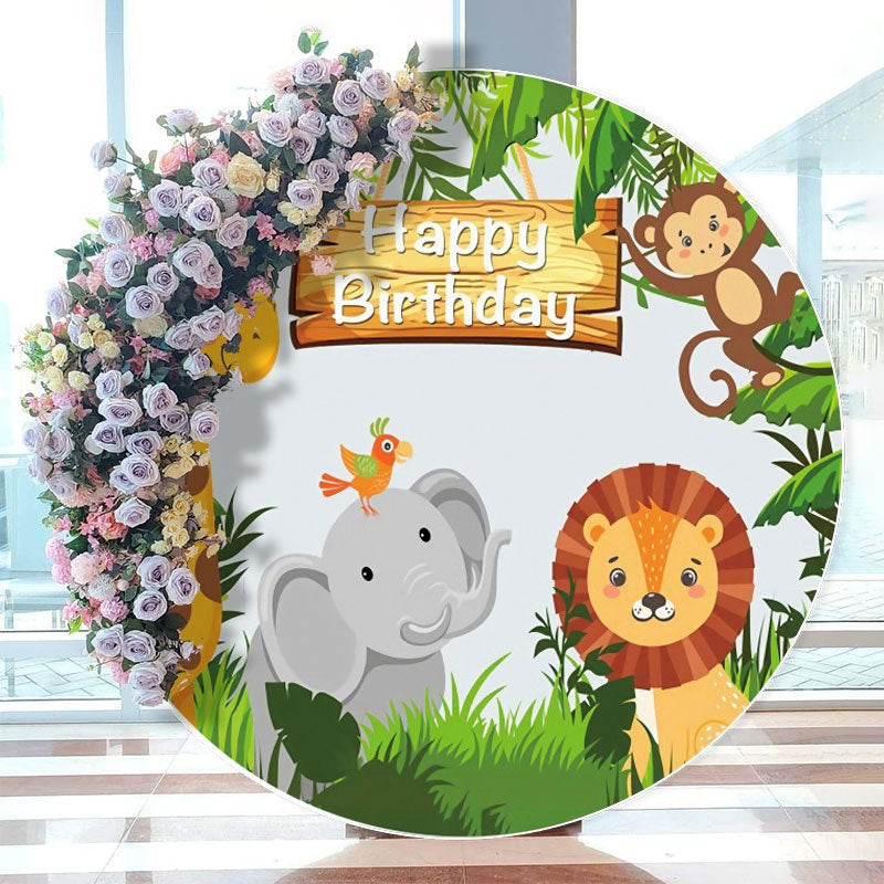 Aperturee - Animals Green Grassland Round Happy Birthday Backdrop
