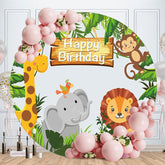 Aperturee - Animals Green Grassland Round Happy Birthday Backdrop