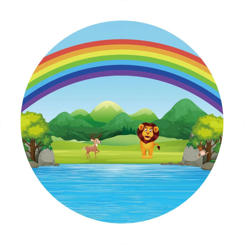 Aperturee - Animals Rainbow Happy Birthday Round Backdrop