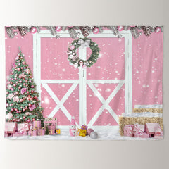 Aperturee - Baby Pink Wooden Door Merry Christmas Backdrop