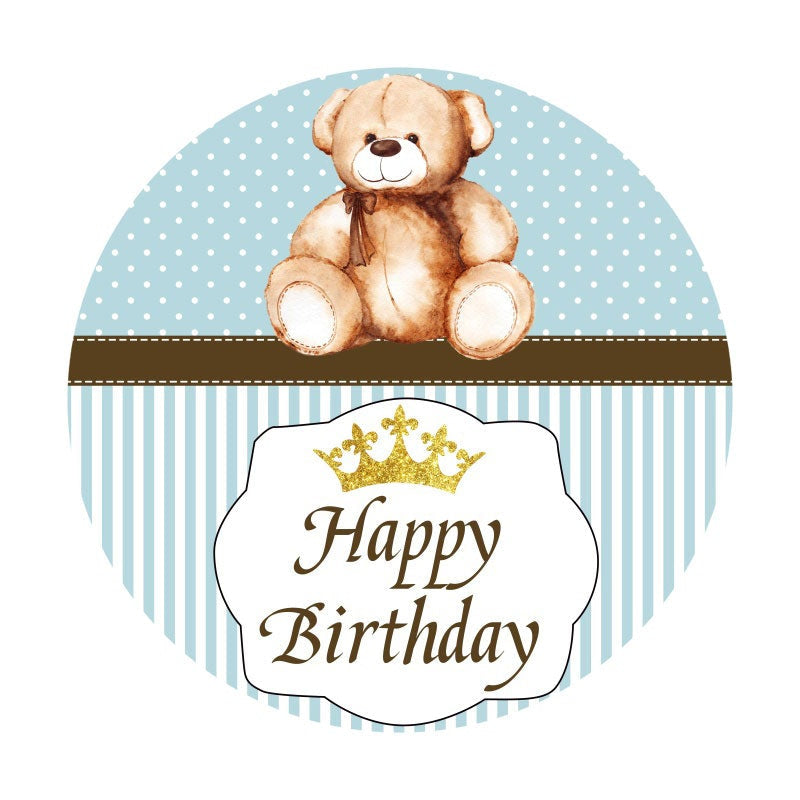 Aperturee - Bear Blue White Stripe Round Happy Birthday Backdrop