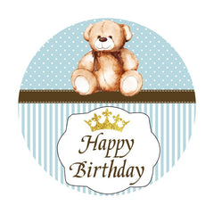 Aperturee - Bear Blue White Stripe Round Happy Birthday Backdrop