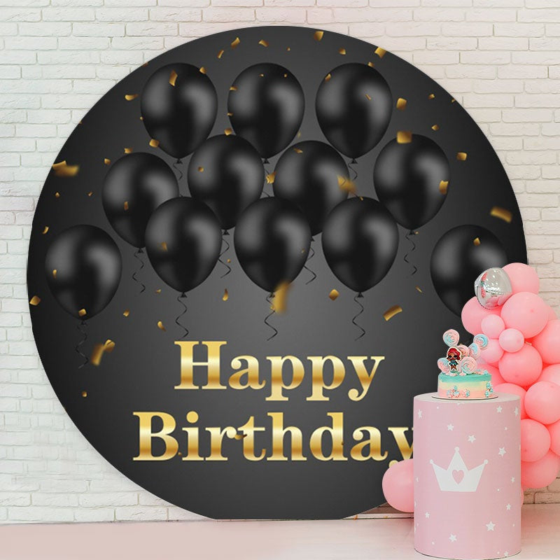 Aperturee - Black Ballons Round Gold Happy Birthday Backdrop