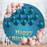 Aperturee - Blue Ballons Round Gold Happy Birthday Backdrop