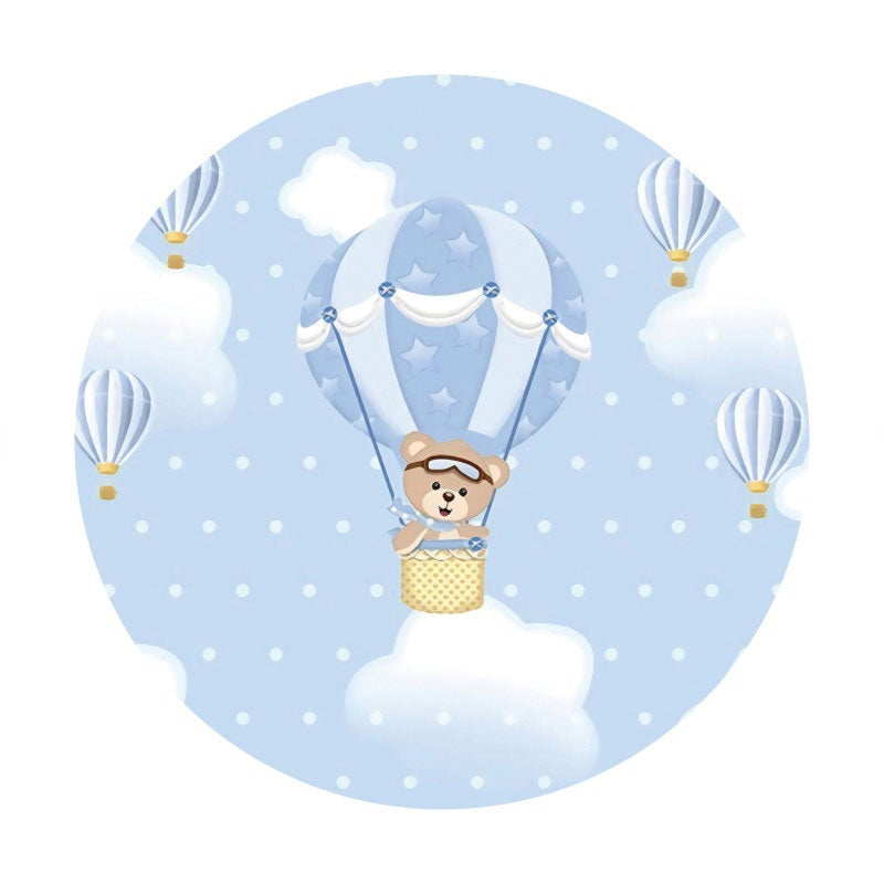 Aperturee - Blue Bear Ballon Round Birthday Party Backdrop
