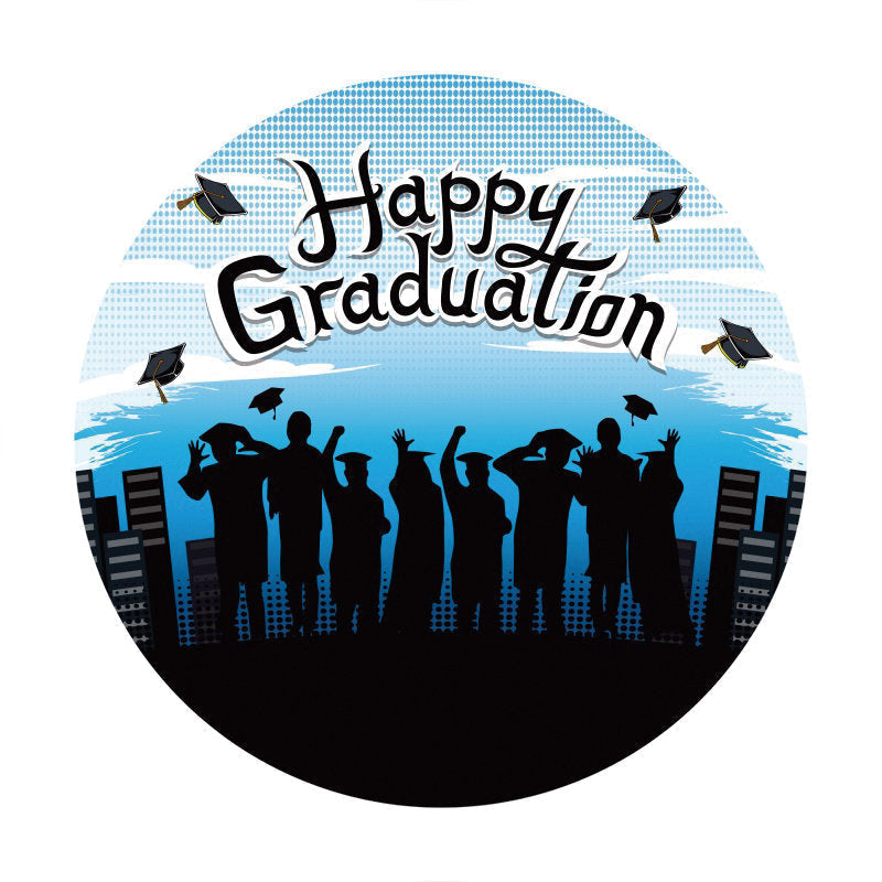 Aperturee - Blue Black Round Happy Graduation Party Backdrop