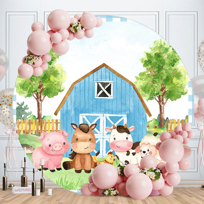 Aperturee - Blue Farm Cartoon Animal Baby Shower Backdrop