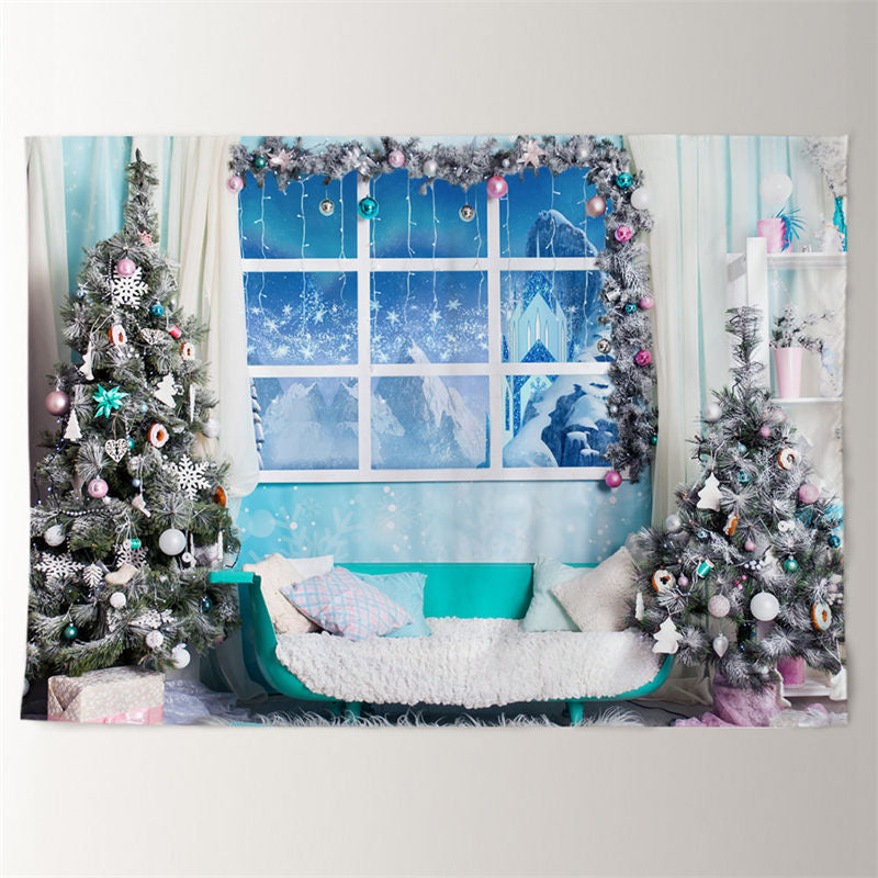 Aperturee - Blue Theme Winter Room Snowy Tree Xmas Backdrop