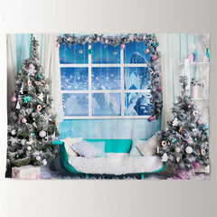 Aperturee - Blue Theme Winter Room Snowy Tree Xmas Backdrop