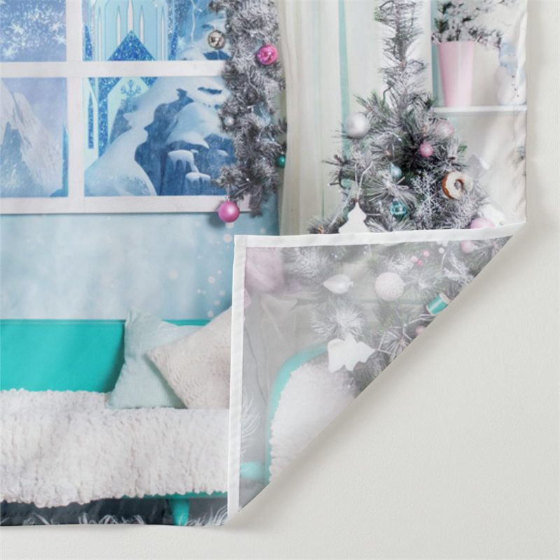 Aperturee - Blue Theme Winter Room Snowy Tree Xmas Backdrop