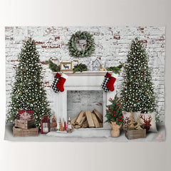 Aperturee - Brick Wall Wreath Tree White Christmas Backdrop