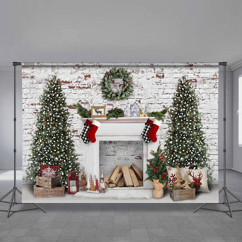 Aperturee - Brick Wall Wreath Tree White Christmas Backdrop