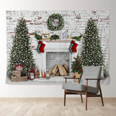 Aperturee - Brick Wall Wreath Tree White Christmas Backdrop