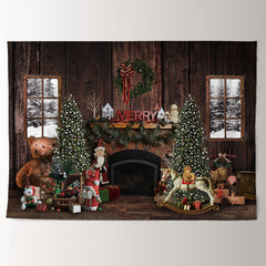 Aperturee - Cabin Holiday Santa Snowy Merry Christmas Backdrop