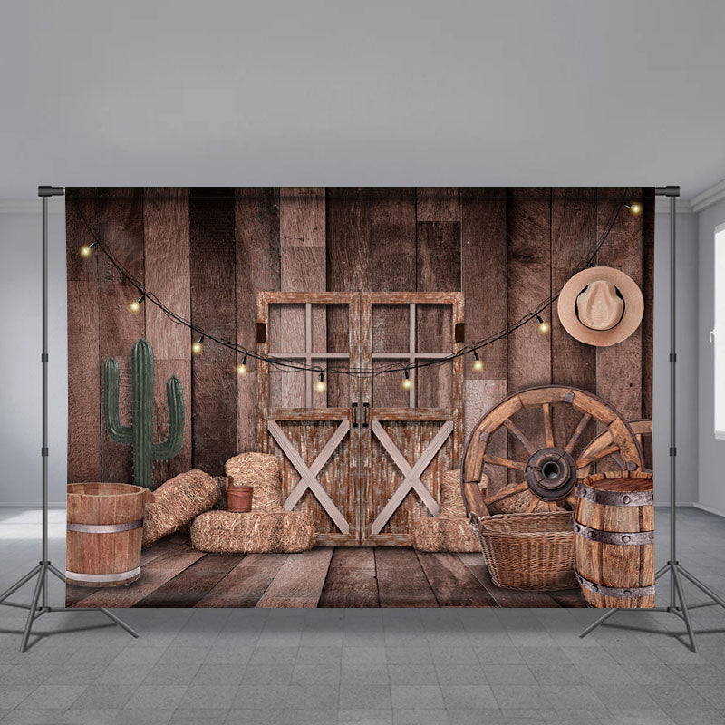 Aperturee - Cabin Wood Door Farm Tools Cacti Winter Backdrop