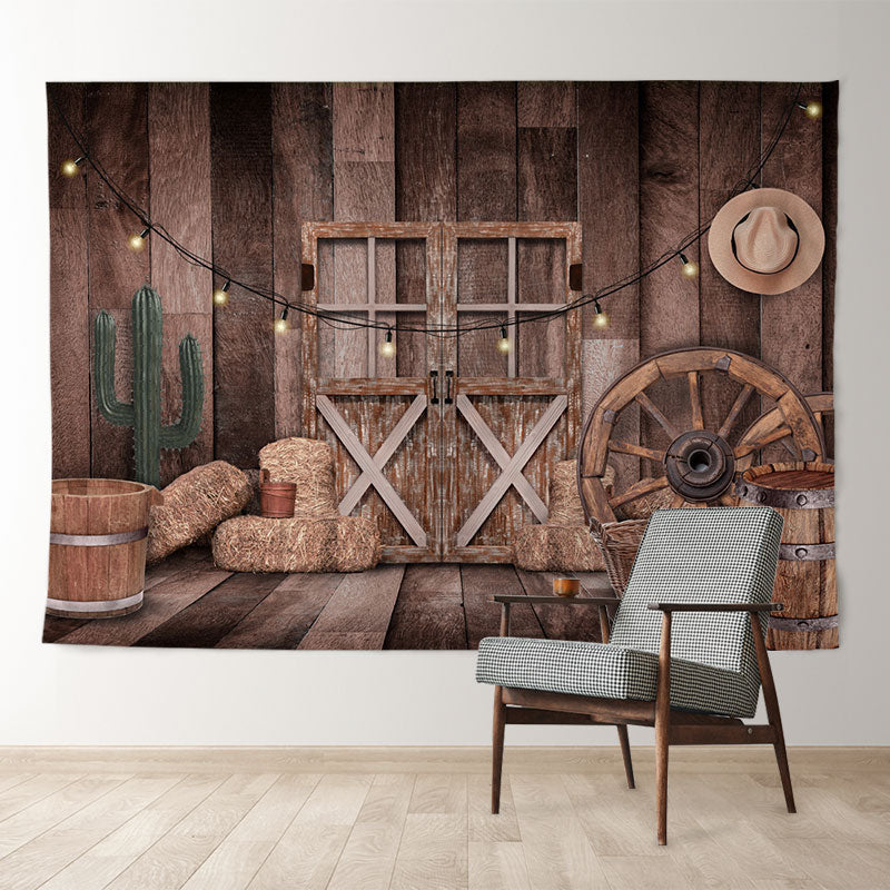 Aperturee - Cabin Wood Door Farm Tools Cacti Winter Backdrop
