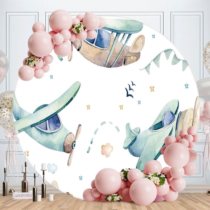 Aperturee - Cartoon Plane Circle Happy Birthday Backdrop