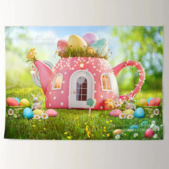 Aperturee - Cartoon Teapot Backyard Easter Holiday Backdrop