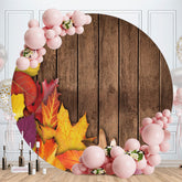 Aperturee - Circle Autumn Leaves Round Wood Birthday Backdrop