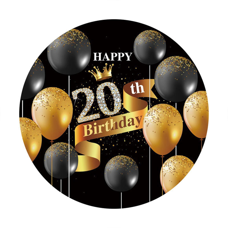 Aperturee - Circle Black Gold Balloon 20Th Birthday Backdrop