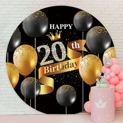 Aperturee - Circle Black Gold Balloon 20Th Birthday Backdrop