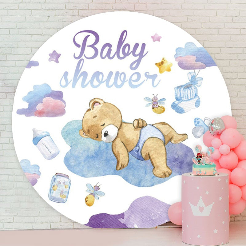 Aperturee - Circle Purple Blue Bear Baby Shower Backdrop