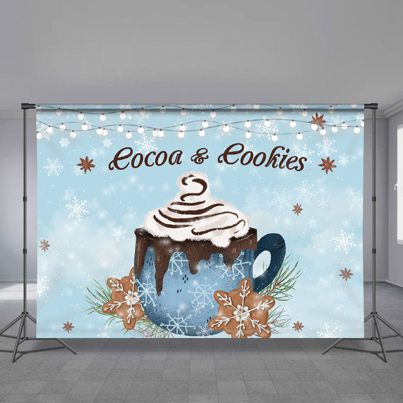 Aperturee - Cocoa Cookies Snowflake Light Blue Winter Backdrop