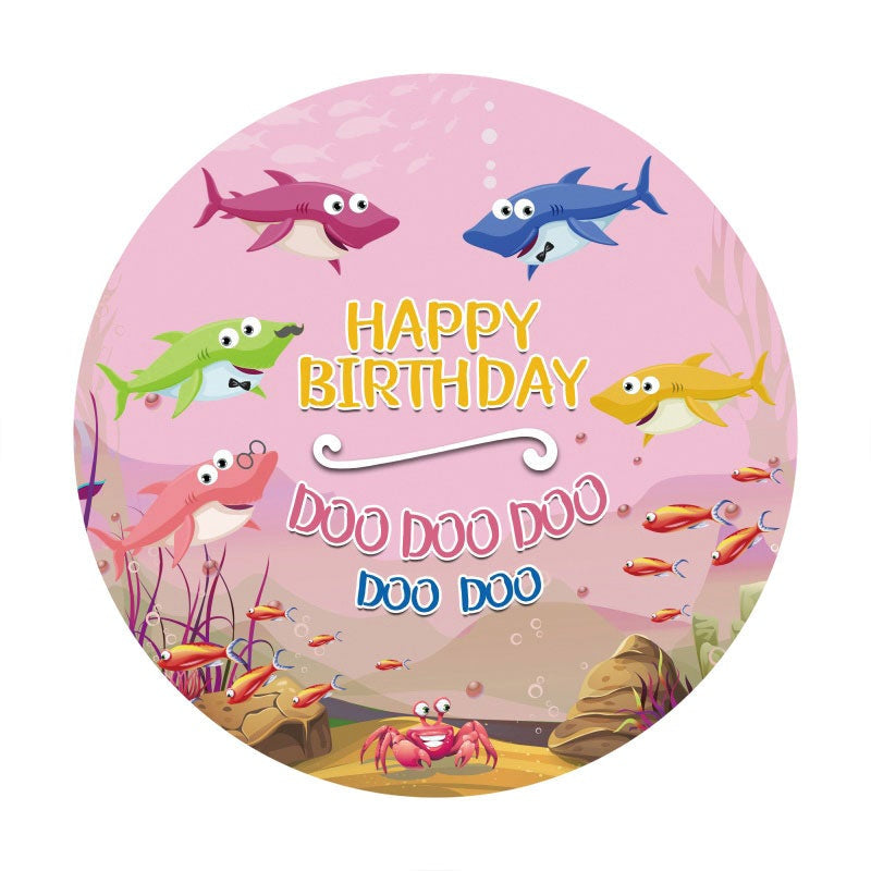 Aperturee - Cute Sharks Round Happy Birthday Party Backdrop