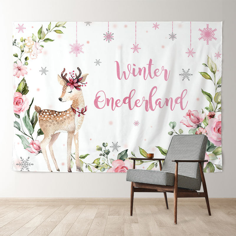 Aperturee - Deer Winter Onederland Floral Birthday Backdrop
